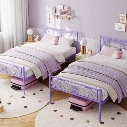 Cadre de lit double en métal violet avec tête de lit, pied de lit, rangement de 31 cm, lattes en acier, sans sommier tapissier