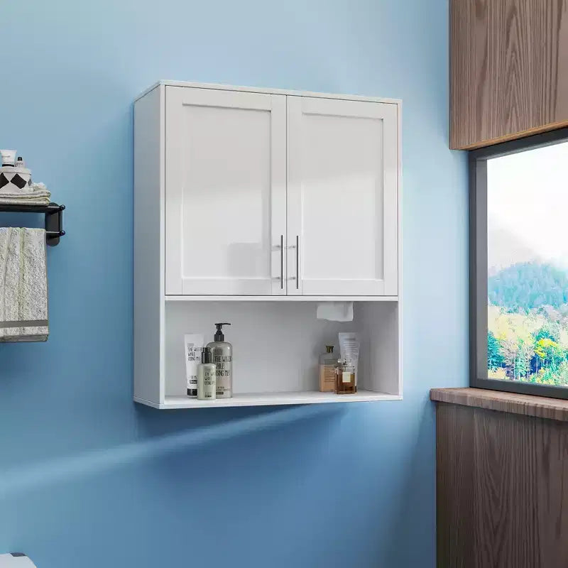 Meuble miroir de salle de bain moderne Samuel GDFStudio de 80 cm avec fente pour mouchoirs, 2 portes et étagère réglable