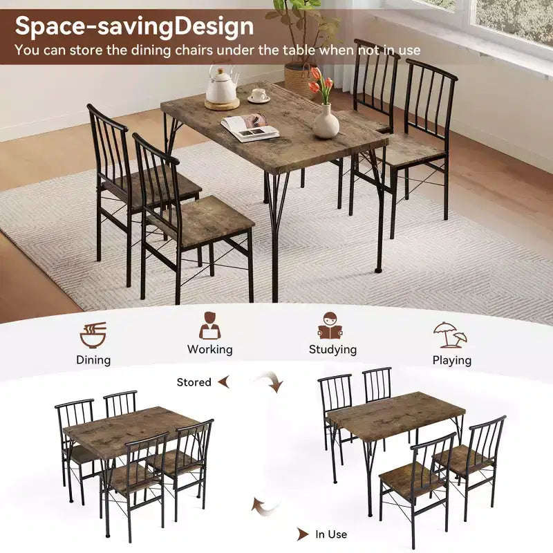 Dyonery 5-Piece Dining Table Set for 4 People, 43.3 Small Kitchen Table Set with 4 Armless Chairs, Solid Wood Top & Metal Legs, Easy Assembly