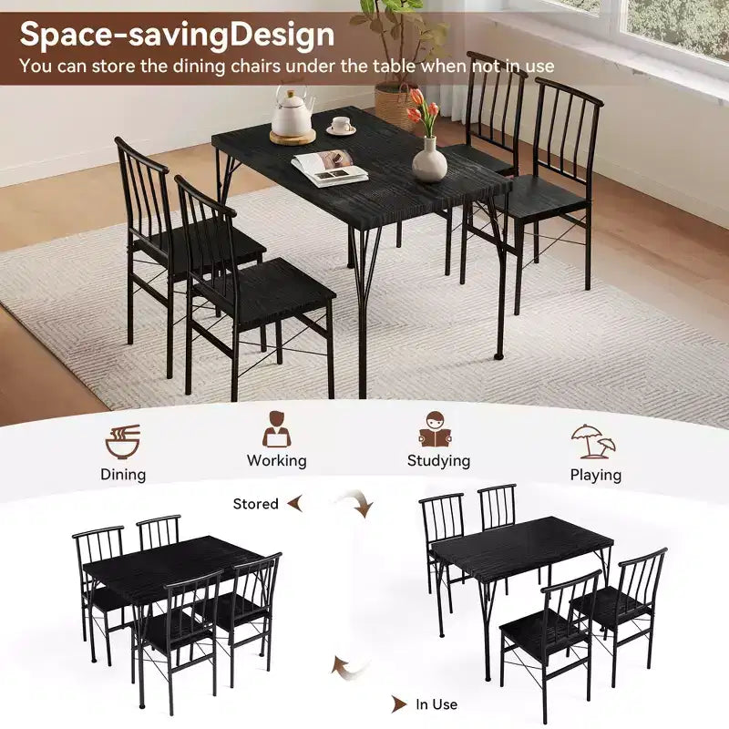 Dyonery 5-Piece Dining Table Set for 4 People, 43.3 Small Kitchen Table Set with 4 Armless Chairs, Solid Wood Top & Metal Legs, Easy Assembly