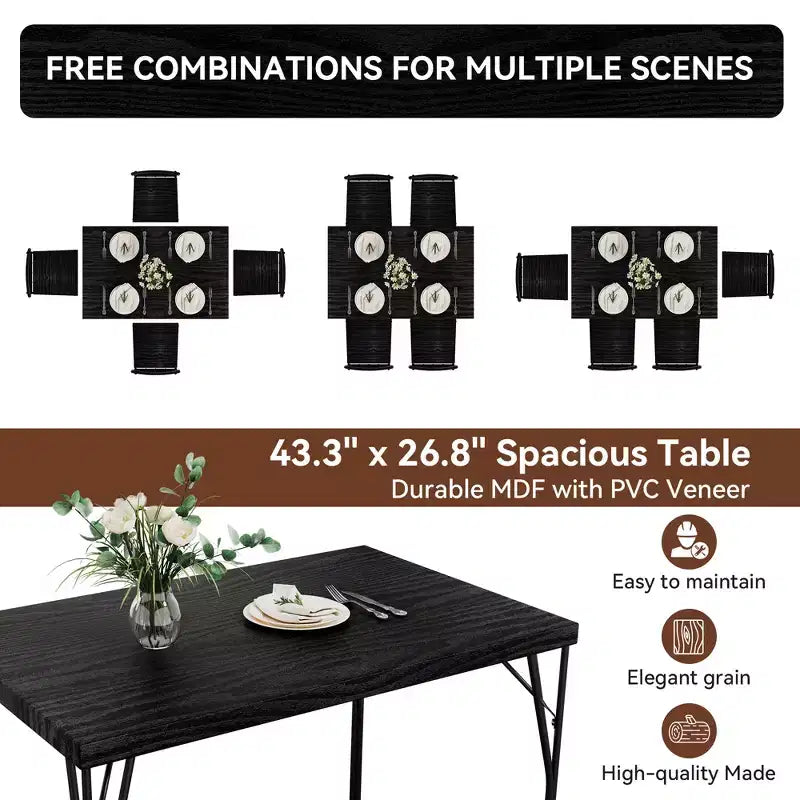 Dyonery 5-Piece Dining Table Set for 4 People, 43.3 Small Kitchen Table Set with 4 Armless Chairs, Solid Wood Top & Metal Legs, Easy Assembly