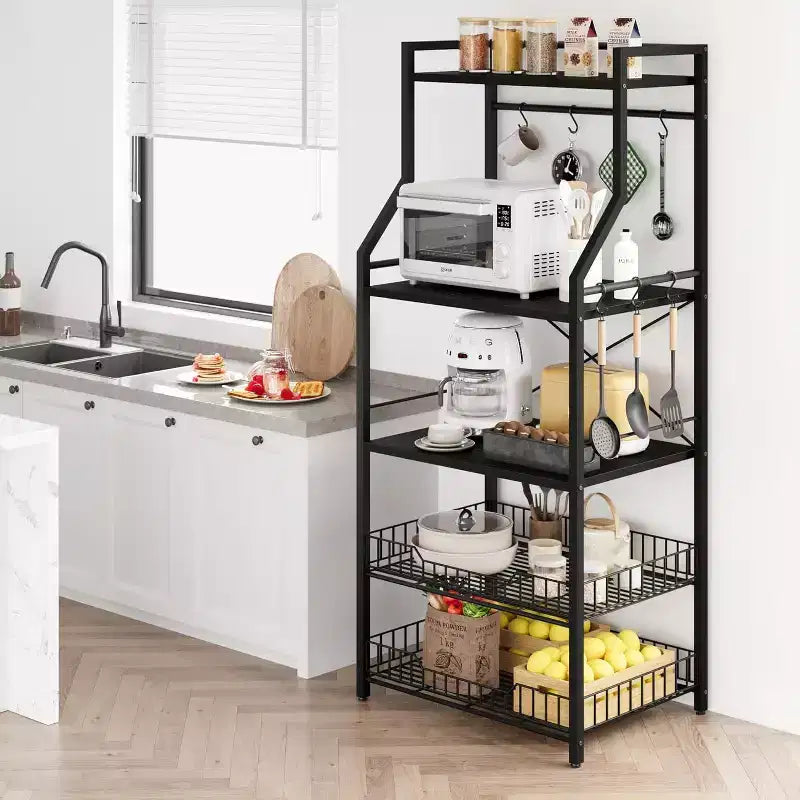 5-Tier Kitchen Bakers Rack Microwave Oven Stand with 2 Large Wire Basket Industrial Coffee Bar Station for Kitchen Dining room