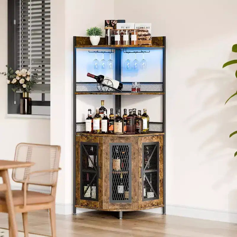Meuble de bar d'angle haut de 64 po avec bande LED, armoire de bar industrielle à 5 niveaux avec prise de courant et porte-verres, meuble à vin pour bar à domicile, pour la maison