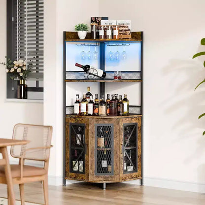 Meuble de bar d'angle haut de 64 po avec bande LED, armoire de bar industrielle à 5 niveaux avec prise de courant et porte-verres, meuble à vin pour bar à domicile, pour la maison