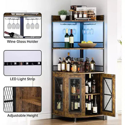 Meuble de bar d'angle haut de 64 po avec bande LED, armoire de bar industrielle à 5 niveaux avec prise de courant et porte-verres, meuble à vin pour bar à domicile, pour la maison