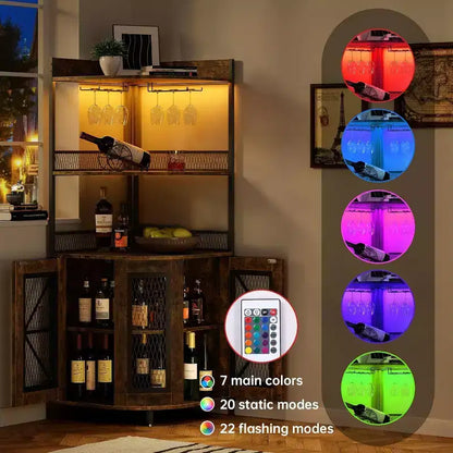 Meuble de bar d'angle haut de 64 po avec bande LED, armoire de bar industrielle à 5 niveaux avec prise de courant et porte-verres, meuble à vin pour bar à domicile, pour la maison