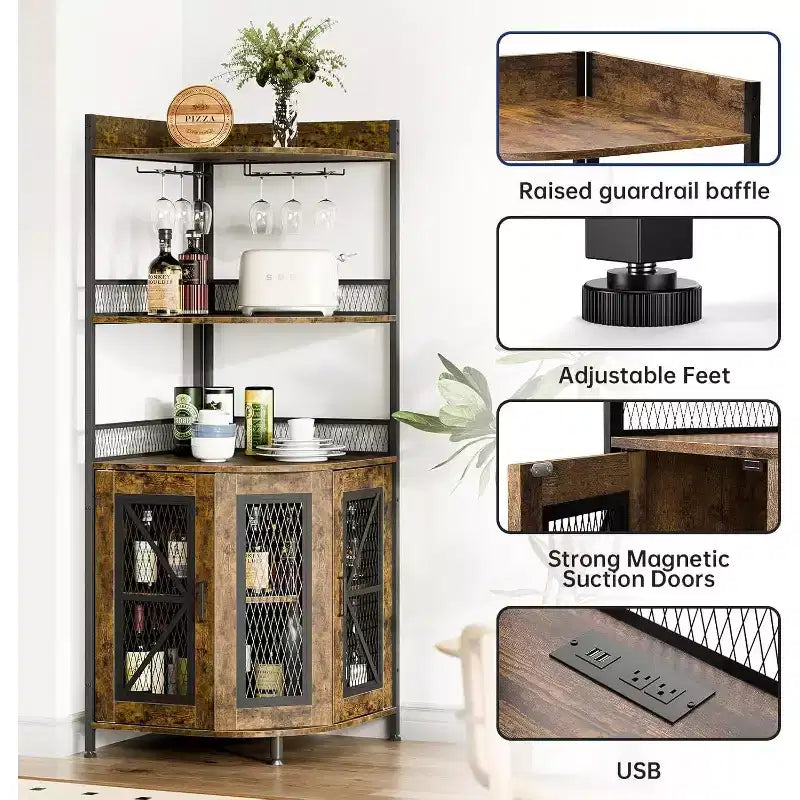 Meuble de bar d'angle haut de 64 po avec bande LED, armoire de bar industrielle à 5 niveaux avec prise de courant et porte-verres, meuble à vin pour bar à domicile, pour la maison