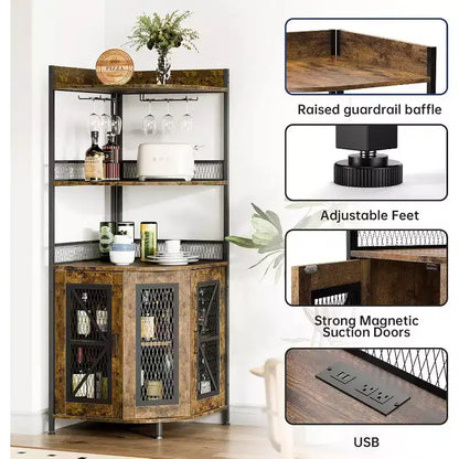 Meuble de bar d'angle haut de 64 po avec bande LED, armoire de bar industrielle à 5 niveaux avec prise de courant et porte-verres, meuble à vin pour bar à domicile, pour la maison