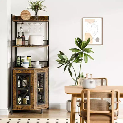 Meuble de bar d'angle haut de 64 po avec bande LED, armoire de bar industrielle à 5 niveaux avec prise de courant et porte-verres, meuble à vin pour bar à domicile, pour la maison
