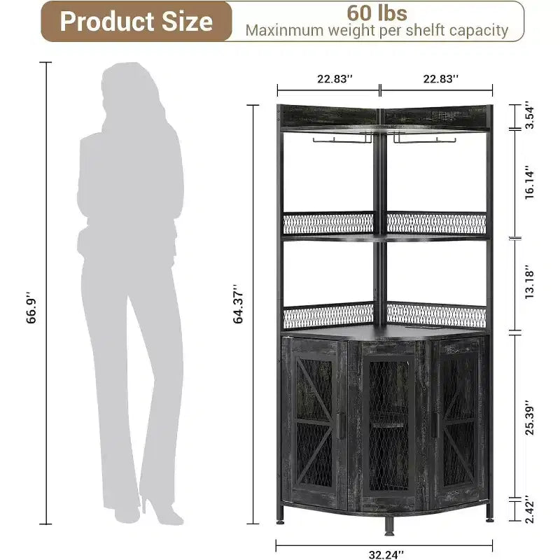 Meuble de bar d'angle haut de 64 po avec bande LED, armoire de bar industrielle à 5 niveaux avec prise de courant et porte-verres, meuble à vin pour bar à domicile, pour la maison