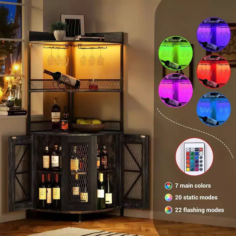 Meuble de bar d'angle haut de 64 po avec bande LED, armoire de bar industrielle à 5 niveaux avec prise de courant et porte-verres, meuble à vin pour bar à domicile, pour la maison