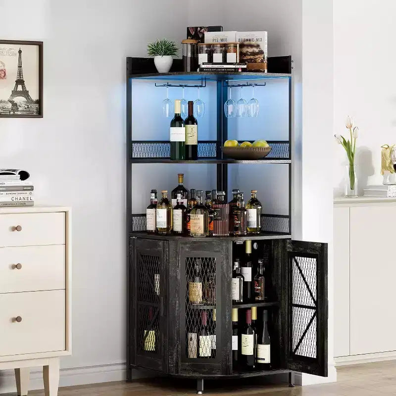 Meuble de bar d'angle haut de 64 po avec bande LED, armoire de bar industrielle à 5 niveaux avec prise de courant et porte-verres, meuble à vin pour bar à domicile, pour la maison