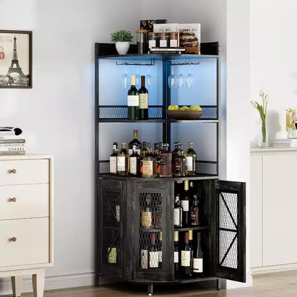 Meuble de bar d'angle haut de 64 po avec bande LED, armoire de bar industrielle à 5 niveaux avec prise de courant et porte-verres, meuble à vin pour bar à domicile, pour la maison