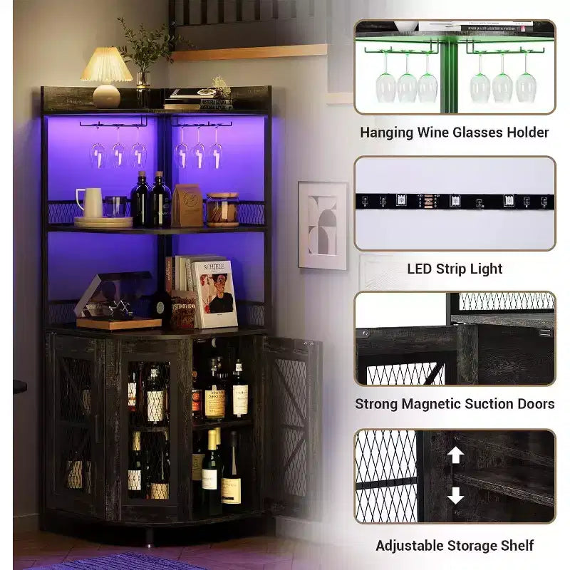 Meuble de bar d'angle haut de 64 po avec bande LED, armoire de bar industrielle à 5 niveaux avec prise de courant et porte-verres, meuble à vin pour bar à domicile, pour la maison
