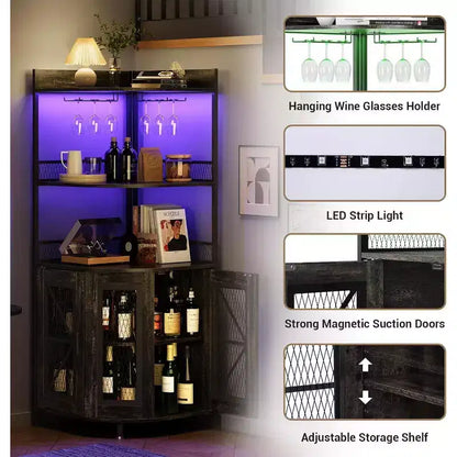 Meuble de bar d'angle haut de 64 po avec bande LED, armoire de bar industrielle à 5 niveaux avec prise de courant et porte-verres, meuble à vin pour bar à domicile, pour la maison