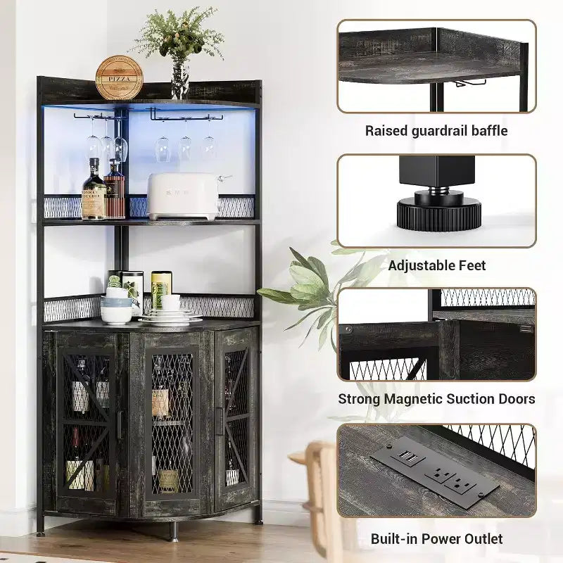 Meuble de bar d'angle haut de 64 po avec bande LED, armoire de bar industrielle à 5 niveaux avec prise de courant et porte-verres, meuble à vin pour bar à domicile, pour la maison