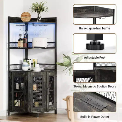 Meuble de bar d'angle haut de 64 po avec bande LED, armoire de bar industrielle à 5 niveaux avec prise de courant et porte-verres, meuble à vin pour bar à domicile, pour la maison