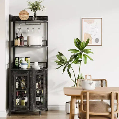 Meuble de bar d'angle haut de 64 po avec bande LED, armoire de bar industrielle à 5 niveaux avec prise de courant et porte-verres, meuble à vin pour bar à domicile, pour la maison