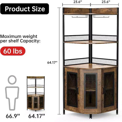 Meuble de bar d'angle haut de 64 po avec bande LED, armoire de bar industrielle à 5 niveaux avec prise de courant et porte-verres, meuble à vin pour bar à domicile, pour la maison