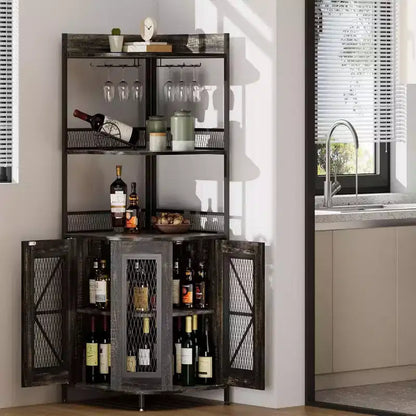 64 Tall Corner Bar Cabinet with LED Strip, 5-Tiers Industrial Bar Cabinet with Power Outlet and Glass Holder, Wine Cabinet for Home Bar, for Home