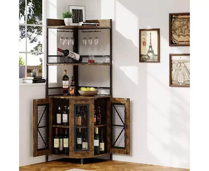 Meuble de bar d'angle haut de 64 po avec bande LED, armoire de bar industrielle à 5 niveaux avec prise de courant et porte-verres, meuble à vin pour bar à domicile, pour la maison