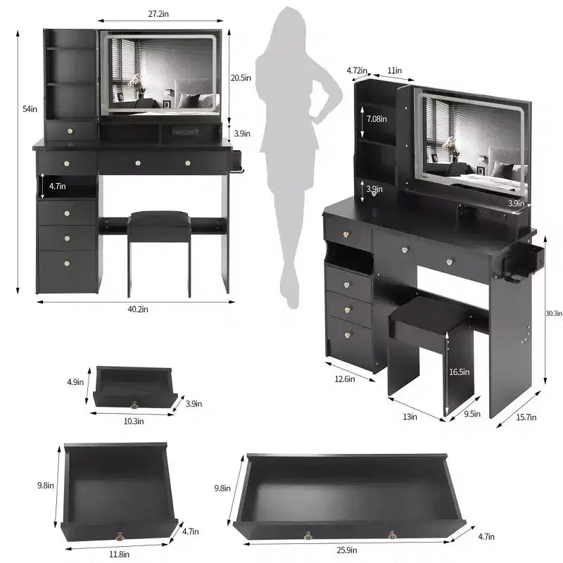 Homy Casa Vanity Table with Lighted Mirror, Stool and Storage Drawers for Bedroom or Dressing Room