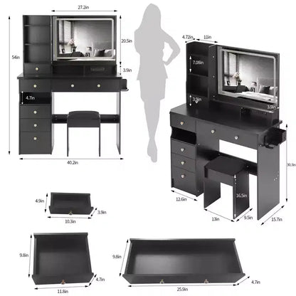Homy Casa Vanity Table with Lighted Mirror, Stool and Storage Drawers for Bedroom or Dressing Room