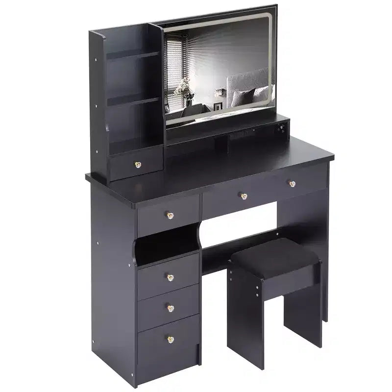 Homy Casa Vanity Table with Lighted Mirror, Stool and Storage Drawers for Bedroom or Dressing Room