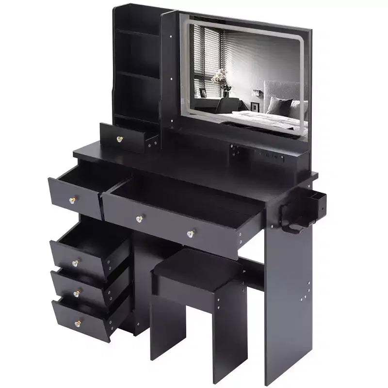 Homy Casa Vanity Table with Lighted Mirror, Stool and Storage Drawers for Bedroom or Dressing Room