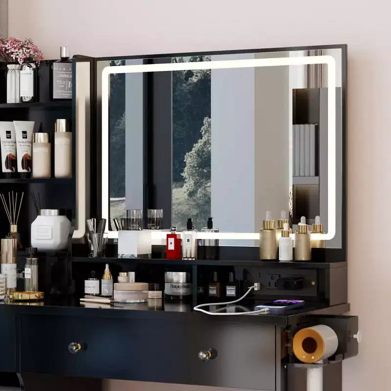 Homy Casa Vanity Table with Lighted Mirror, Stool and Storage Drawers for Bedroom or Dressing Room