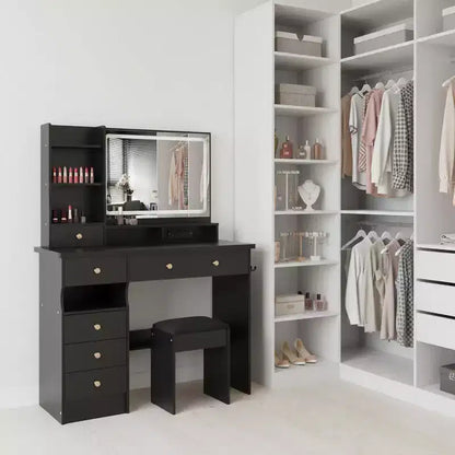 Homy Casa Vanity Table with Lighted Mirror, Stool and Storage Drawers for Bedroom or Dressing Room