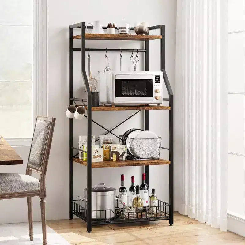 Standing Bakers Rack, Microwave Stand with Large Wire Basket, Industrial Coffee Bar Station with Hooks