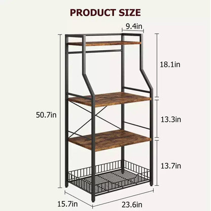 Standing Bakers Rack, Microwave Stand with Large Wire Basket, Industrial Coffee Bar Station with Hooks
