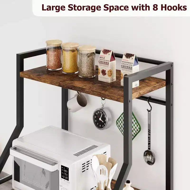 Standing Bakers Rack, Microwave Stand with Large Wire Basket, Industrial Coffee Bar Station with Hooks