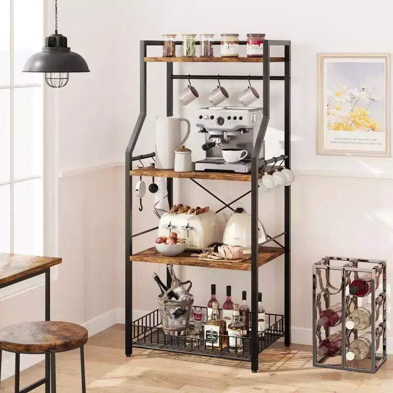 Standing Bakers Rack, Microwave Stand with Large Wire Basket, Industrial Coffee Bar Station with Hooks