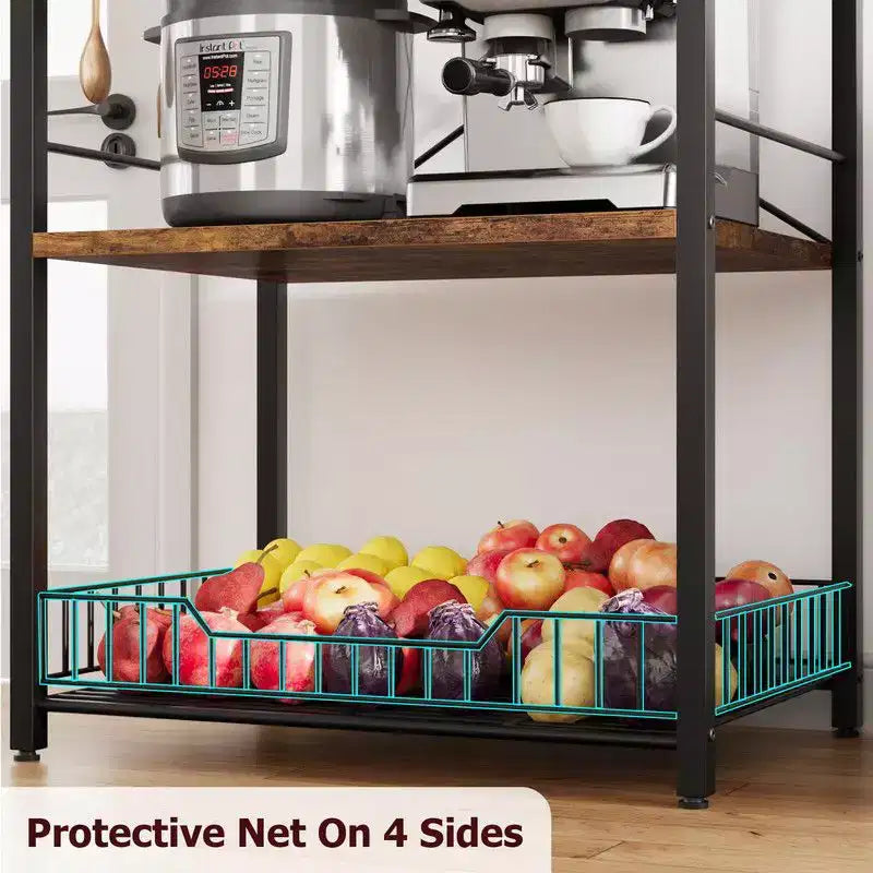 Standing Bakers Rack, Microwave Stand with Large Wire Basket, Industrial Coffee Bar Station with Hooks