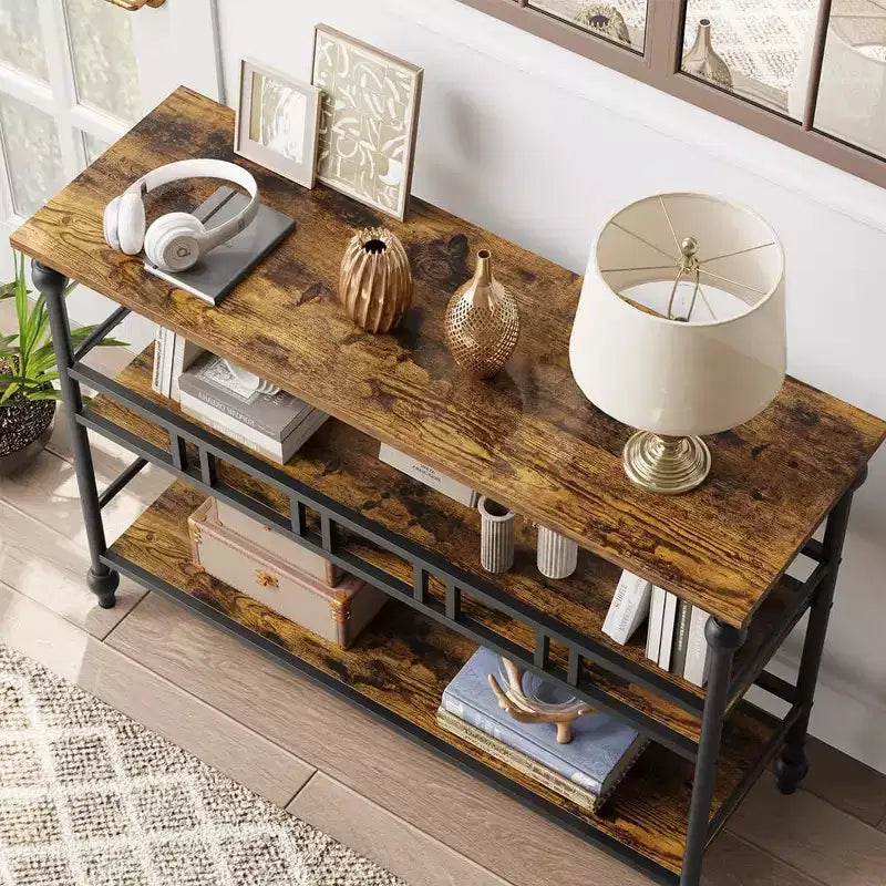 43 Industrial Console Table with 3 Tiers, Narrow Entryway and Sofa Table with Shelves, Space-Saving Design for Hallway, Living Room, Small Areas