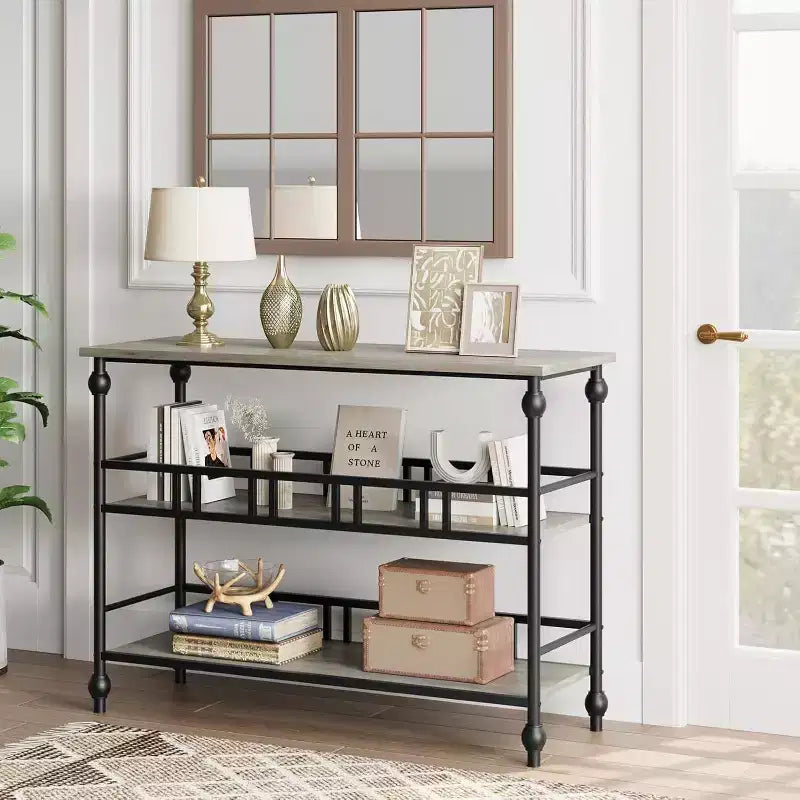 43 Industrial Console Table with 3 Tiers, Narrow Entryway and Sofa Table with Shelves, Space-Saving Design for Hallway, Living Room, Small Areas