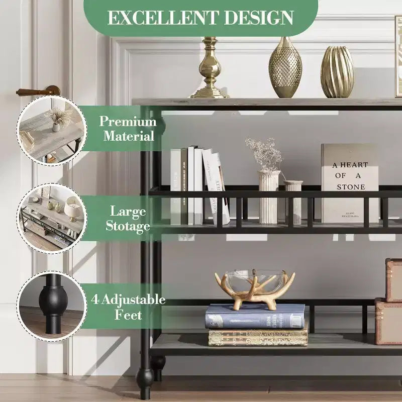 43 Industrial Console Table with 3 Tiers, Narrow Entryway and Sofa Table with Shelves, Space-Saving Design for Hallway, Living Room, Small Areas