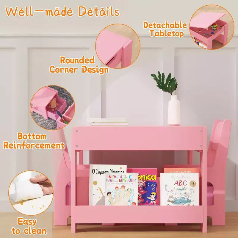 GustoWave Kids Art Table and Chair Set,3 in 1 Activity Table with 2 Chairs, Toddlers Craft Table Art Desk for Home Daycare Playroom