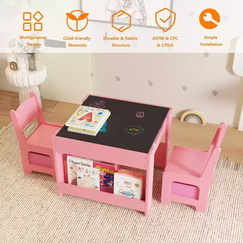 GustoWave Kids Art Table and Chair Set,3 in 1 Activity Table with 2 Chairs, Toddlers Craft Table Art Desk for Home Daycare Playroom