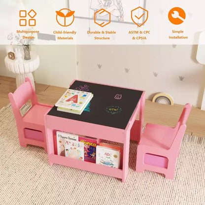 GustoWave Kids Art Table and Chair Set,3 in 1 Activity Table with 2 Chairs, Toddlers Craft Table Art Desk for Home Daycare Playroom