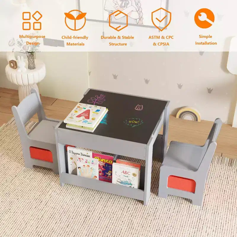 GustoWave Kids Art Table and Chair Set,3 in 1 Activity Table with 2 Chairs, Toddlers Craft Table Art Desk for Home Daycare Playroom