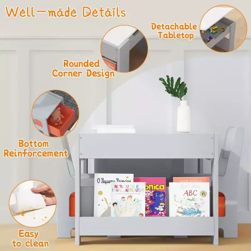 GustoWave Kids Art Table and Chair Set,3 in 1 Activity Table with 2 Chairs, Toddlers Craft Table Art Desk for Home Daycare Playroom