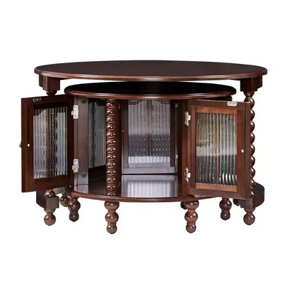 Vintage Round Nesting Coffee Table Set with Bamboo-Shaped Glass Doors & Retro Beaded Legs, Walnut - ModernLuxe