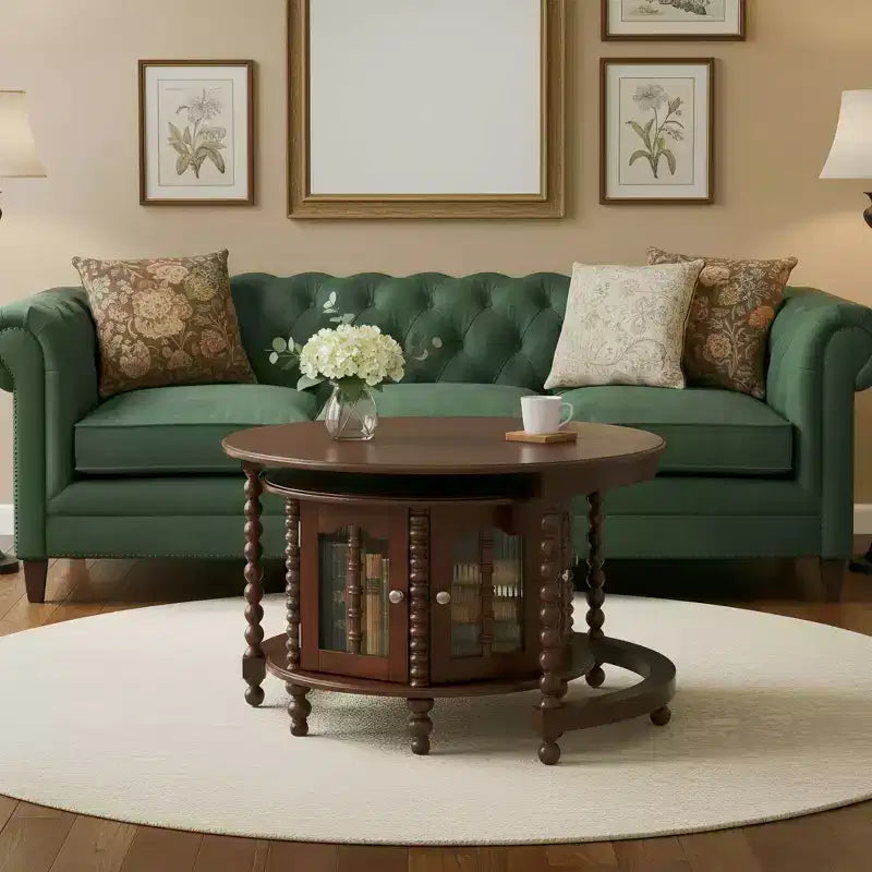 Vintage Round Nesting Coffee Table Set with Bamboo-Shaped Glass Doors & Retro Beaded Legs, Walnut - ModernLuxe