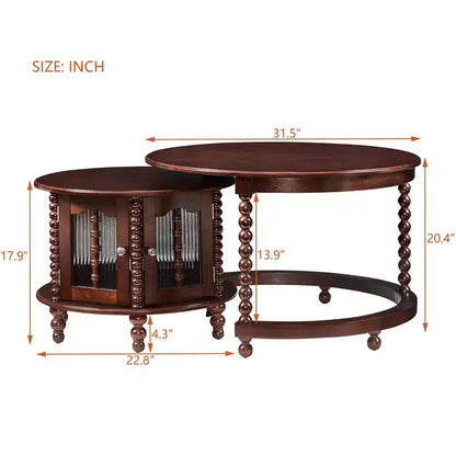 Vintage Round Nesting Coffee Table Set with Bamboo-Shaped Glass Doors & Retro Beaded Legs, Walnut - ModernLuxe