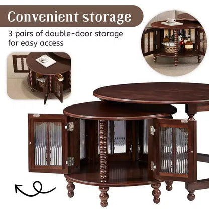 Vintage Round Nesting Coffee Table Set with Bamboo-Shaped Glass Doors & Retro Beaded Legs, Walnut - ModernLuxe