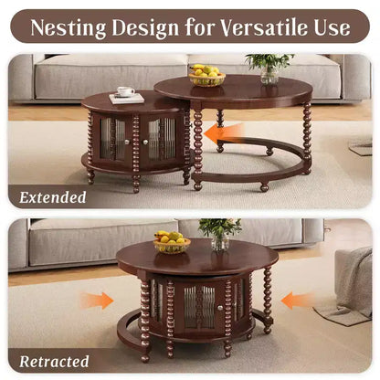 Vintage Round Nesting Coffee Table Set with Bamboo-Shaped Glass Doors & Retro Beaded Legs, Walnut - ModernLuxe