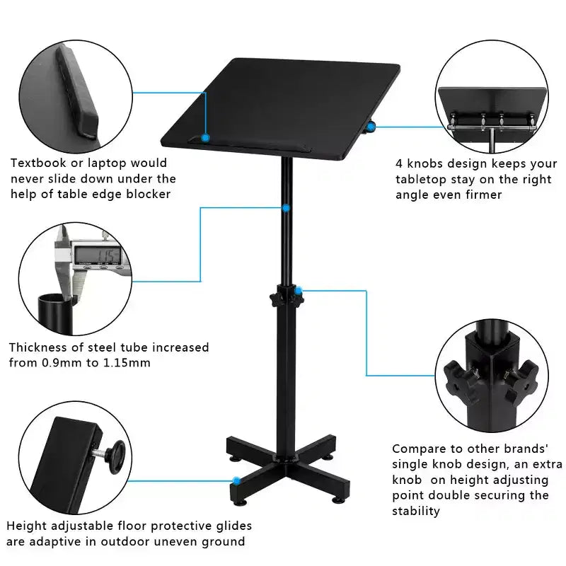 VINGLI Classic Lectern Podium Stand, Height Adjustable Mobile Podium, Multi-Purpose Tabletop for Speech, Lecture, Laptop Desk with Edge Stopper, Black